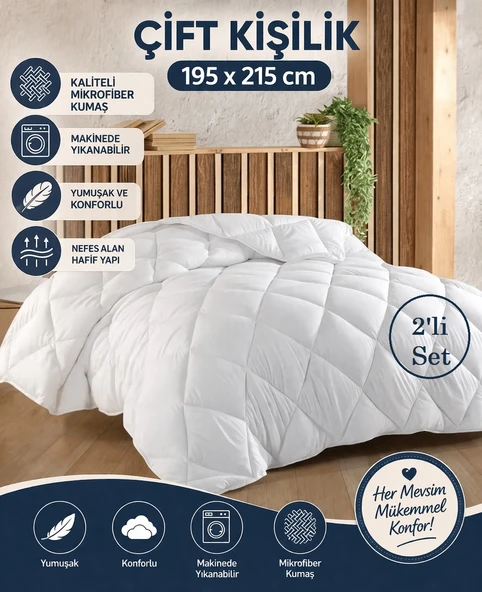 2 Adet Bella Home Mikrofiber -Beyaz- Çift Kişilik Yorgan (195x215) ürün görseli 1
