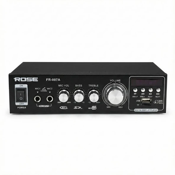 Rose FR-007A 2x50 Watt Stereo Anfi 12V/220V Mp3, Bluetooth, SD Kart 2 Mikrofon Girişli Kumandalı ürün görseli 1