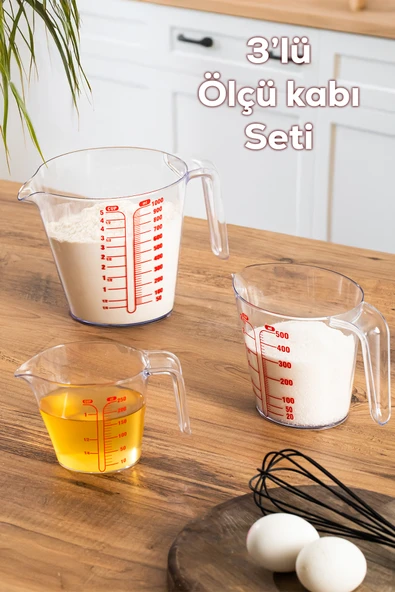 Porsima 3 lü Şeffaf Plastik Ölçek Kabı - Beher Mutfak Ölçü Kabı 250mL-500ml-1000ml ürün görseli 1