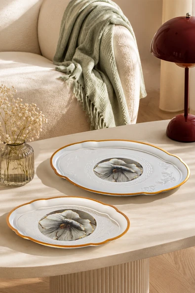 Porsima 5817 2li Dekoratif Oval Servis Tepsi Seti - Çay ve Kahve Kahvaltılık Sunum Tepsisi ürün görseli 1