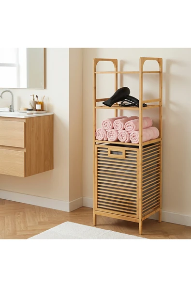 Porsima 120 Cm Doğal Bambu Banyo Düzenleyici Raf - Katlanabilir Kirli Sepetli Çok Amaçlı Banyo Dolabı ürün görseli 1
