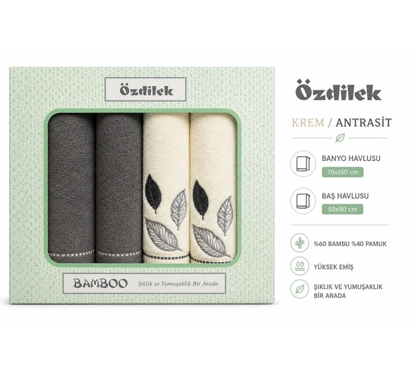 Özdilek 4 Parça Bamboo Hamam Seti -Folha De Ouro Antrasit Krem- Havlu Seti ürün görseli 1