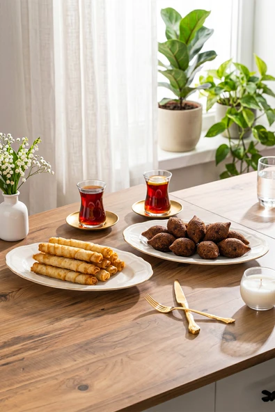 Porsima 4445 Porselen Altın Fileli Kayık Tabak Seti - Oval Kahvaltılık Sunumluk Seti 30cm ürün görseli 1