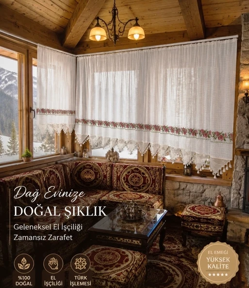 Mandaş El İşi Dantelli Kanaviçe Buldan Perdesi Tek kanat (250*190) ürün görseli 1