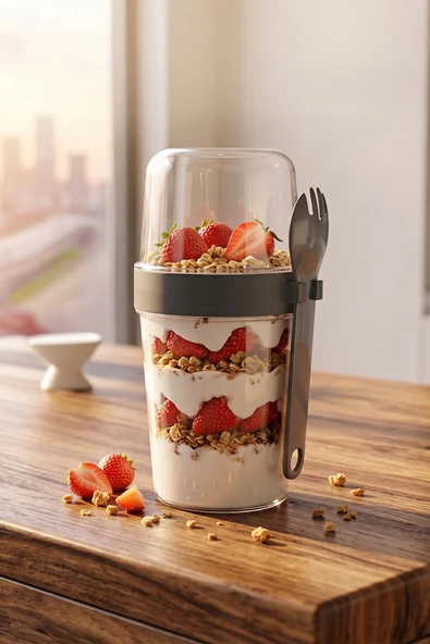 Porsima 5817 Yoğurt Müsli Kabı – Kendinden Kaşıklı Pratik Taşınabilir Kaşıklı Atıştırmalık Kabı-Antrasit 400ml+200ml ürün görseli 1