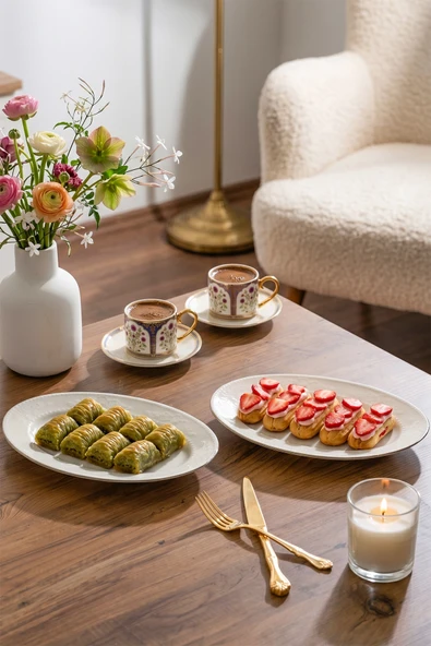 Porsima 4458 Burçak Porselen Platin Fileli Kayık Tabak Seti - Oval Kahvaltılık Sunumluk Seti 25cm ürün görseli 1