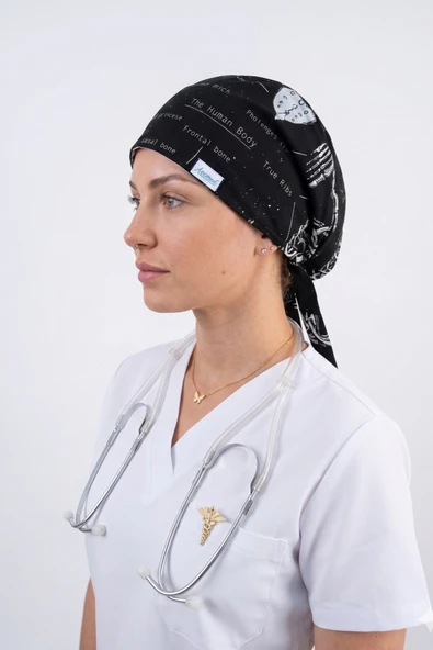 Tesettür İskelet Desenli Doktor Hemşire Hastane Aşçı Cerrahi Tesettür Bonesi ürün görseli 1