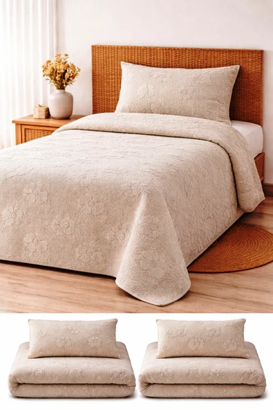 Bella Home Sakallı Tek Kişilik Yatak Örtüsü ( pike ) Seti Bej ürün görseli 1