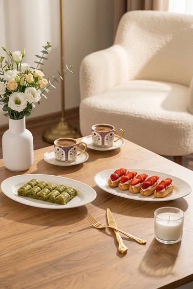 Porsima 4459 Burçak Porselen Kayık Tabak Seti - Oval Kahvaltılık Sunumluk Seti 25cm ürün görseli 1