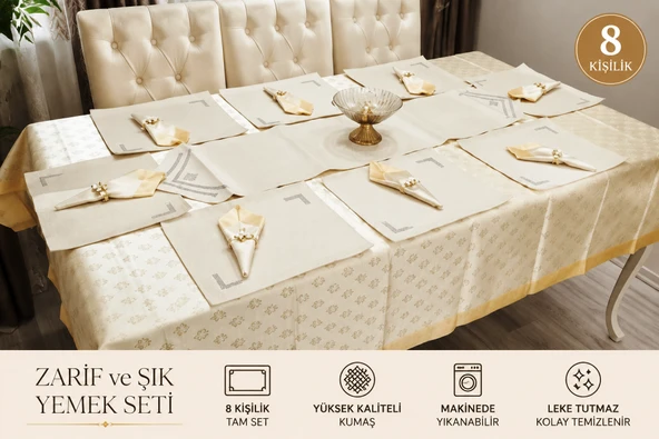 Mandaş Yemek seti 8 Kişilik deri runnerli  yüzüklü 26 prç  krem  /gold ürün görseli 1