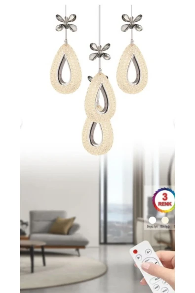 ILGAZ AYDINLATMA DAMLA 4 LÜ GÜMÜŞ 3 RENK LEDLİ KUMANDALI MODERN SARKIT LED AVİZE ürün görseli 1
