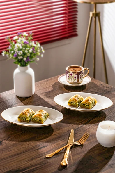 Porsima 4444 Gardenya Porselen Altın Fileli Kayık Tabak Seti - Oval Kahvaltılık Sunumluk Seti 20cm ürün görseli 1
