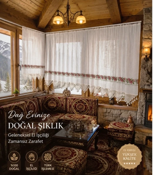 Mandaş El İşi Dantelli Kanaviçe Buldan Perdesi Tek kanat (100*190) ürün görseli 1