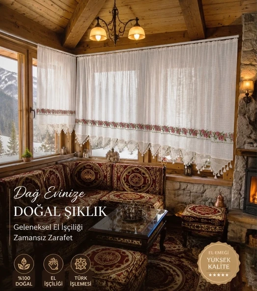 Mandaş El İşi Dantelli Kanaviçe Buldan Perdesi Tek kanat (275*190) ürün görseli 1