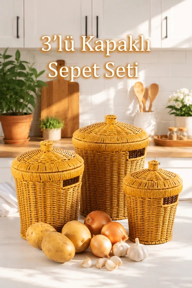 Porsima Pbt-439-2 3lü Hasır Sepet Kapaklı Bambu Sepet seti Dekoratif Banyo Mutfak Düzenleyici Organizeri ürün görseli 1