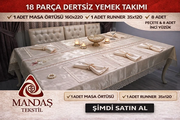 Mandaş Dertsiz kumaş  10 kişilik  parlak yüzüklü yemek seti krem ürün görseli 1