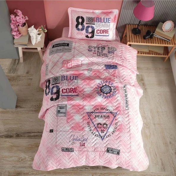 Clasy Ranforce Yatak Örtüsü Tek Kişilik Denim V1 Pembe ürün görseli 1