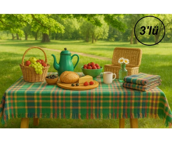 3 Adet Pöti Kare Sofra Örtüsü, Masa Örtüsü Saçaklı (140x140)-Renkli ürün görseli 1
