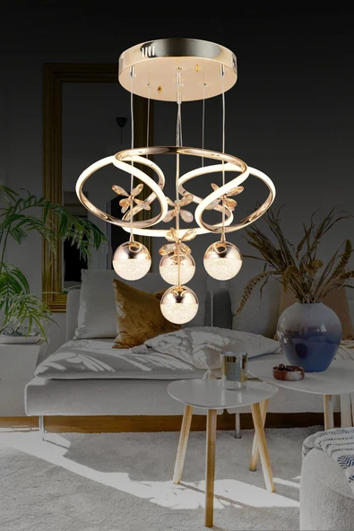 ILGAZ AYDINLATMA PARS 4 TOPLU ROSE GOLD SARKIT 3 RENK KRİSTAL TAŞLI LED AVİZE ürün görseli 1