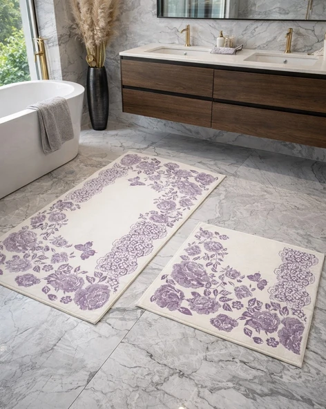 Cotton Soft -Lila Beyaz- 2li Banyo Seti, Paspas Takımı ürün görseli 1