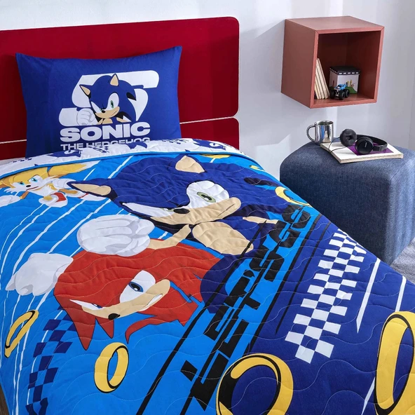 Taç Lisanslı Sonic Mavi Pamuklu Çocuk Yatak Örtüsü Seti (160x230) ürün görseli 1