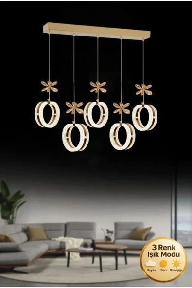ILGAZ AYDINLATMA ZERAFET 5 Lİ ROSE GOLD YEMEK MASASI ÜSTÜ 3 RENK LEDLİ MODERN SARKIT LED AVİZE ürün görseli 1