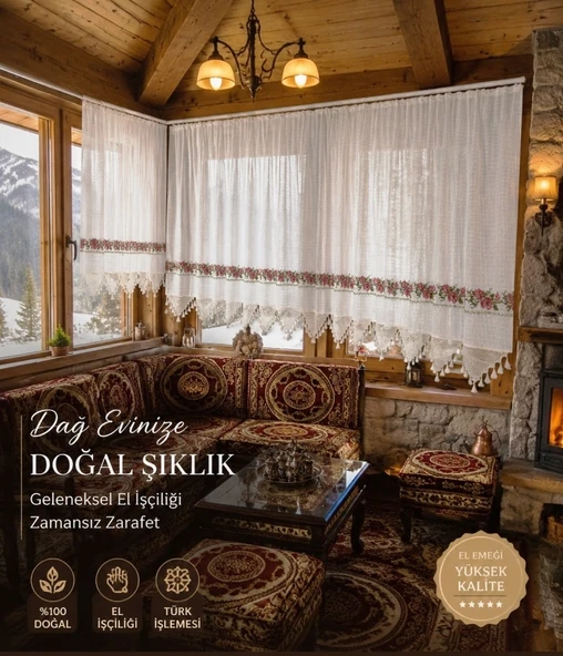 Mandaş El İşi Dantelli Kanaviçe Buldan Perdesi Tek kanat (300*190) ürün görseli 1