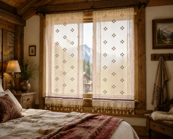 Mandaş El Dokuma Nazar Perde Bordo/ Krem 150*200 CM 2 prç ürün görseli 1