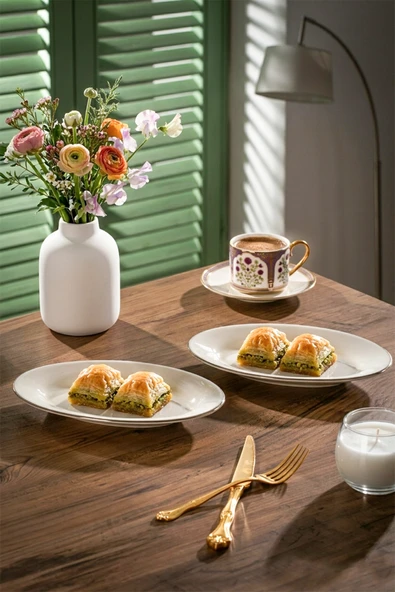 Porsima 4443 Gardenya Porselen Platin Fileli Kayık Tabak Seti - Oval Kahvaltılık Sunumluk Seti 20cm ürün görseli 1