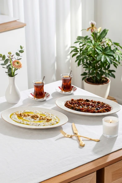 Porsima 4455 Burçak Porselen Altın Fileli Kayık Tabak Seti - Oval Kahvaltılık Sunumluk Seti 30cm ürün görseli 1