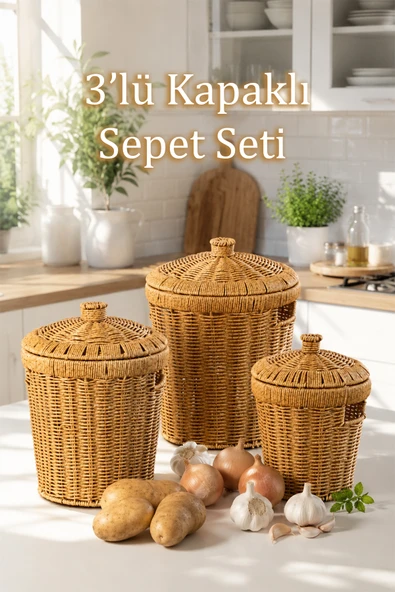 Porsima Pbt-439 3l ü Hasır Sepet Kapaklı Bambu Sepet Seti Dekoratif Banyo Mutfak Düzenleyici Organizeri ürün görseli 1