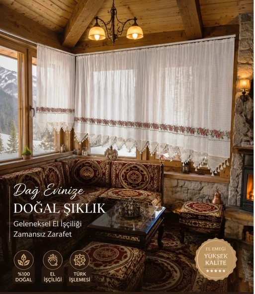 Mandaş El İşi Dantelli Kanaviçe Buldan Perdesi Tek kanat (125*190) ürün görseli 1