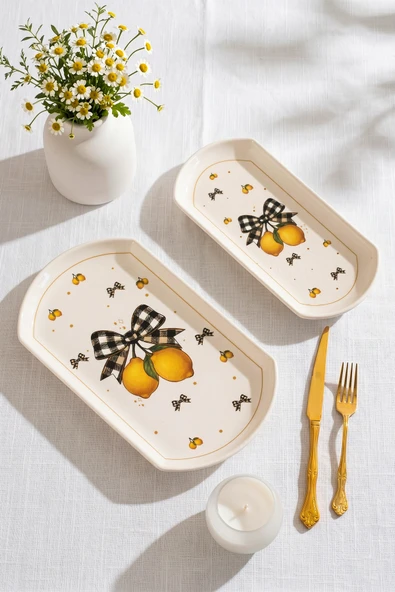 Porsima Lemon Porselen 2 li Kayık Tabak Seti - Oval Kahvaltılık Sunumluk Seti ürün görseli 1