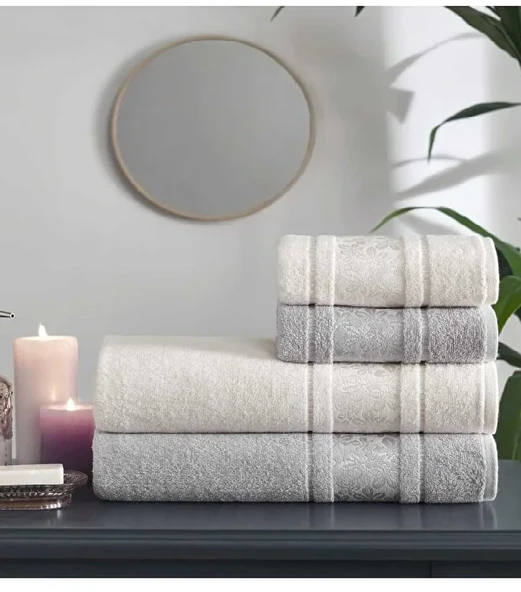 Özdilek 4 Parça Best Hamam Seti, Banyo Havlu Takımı Camellıa Gri -krem ürün görseli 1
