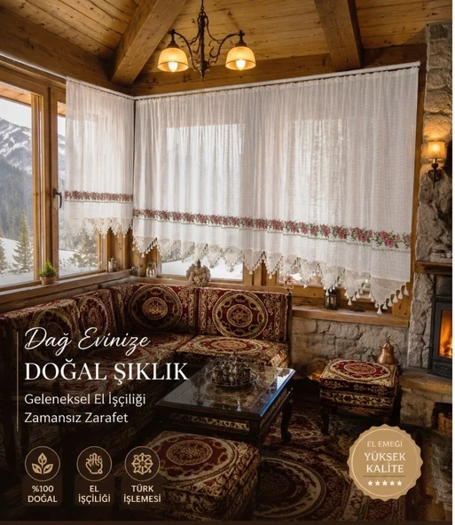 Mandaş El İşi Dantelli Kanaviçe Buldan Perdesi Tek kanat (350*190) ürün görseli 1