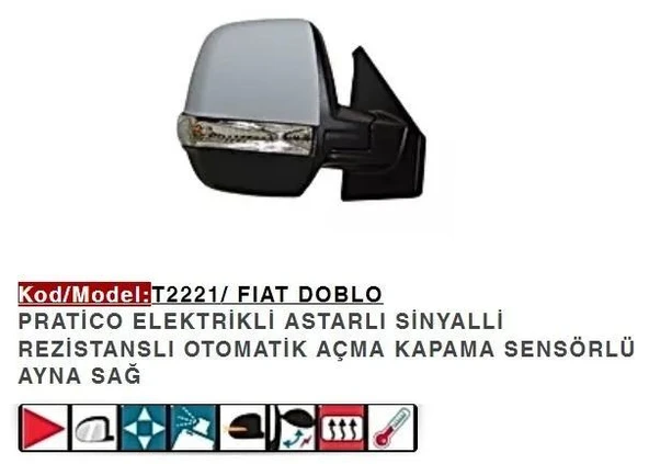 DIŞ DİKİZ AYNASI SAĞ ELEKTRİKLİ KATLANIR ASTARLI SINYALLI DOBLO PRATICO ÇIFT CAMLI ürün görseli 1