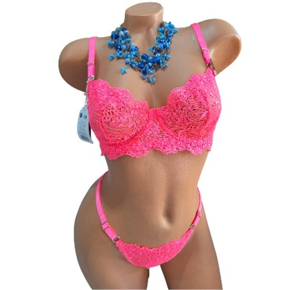 Aysemin Pembe Parlak Neon İçi Boş Nakışlı Dantel 2li Tanga Takım ürün görseli 1