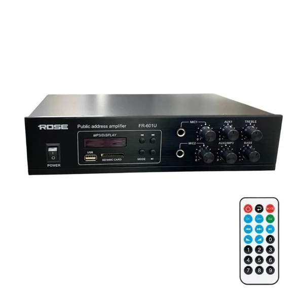 Rose FR-601U 100 Watt 2 Trafolu Mono Anfi Mp3, Bluetooth, SD Kart 2 Mikrofon Girişli Kumandalı ürün görseli 1
