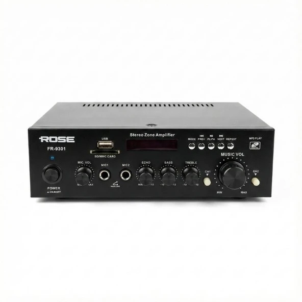 Rose FR-9301 80 Watt 2 Zone Trafolu Mağaza Anfisi Ekolu 2 Mikrofon Girişli Mp3, Bluetooth, SD Kart, Kumandalı ürün görseli 1