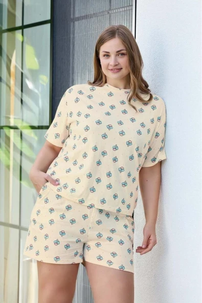 Aydoğan Kadın Dondurma Desenli Büyük Beden %100 Pamuk Şort Pijama Takımı ürün görseli 1