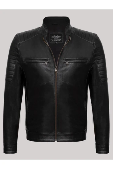 Hakiki Kuzu Derisi Siyah Erkek Deri Mont Omuz Kol Işlemeli Slim Fit Deri Ceket ürün görseli 1