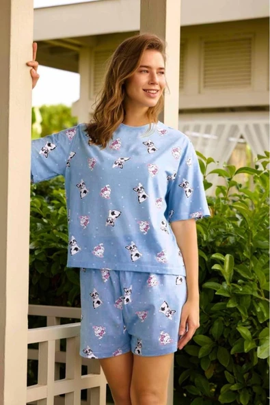 Aydoğan Kadın Hayvan Desenli %100 Pamuk Şort Pijama Takımı ürün görseli 1