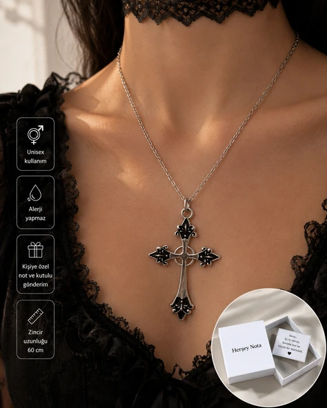 Gotik Haç Figürlü Unisex Kolye – Siyah Detaylı Alternatif Stil Zincir Kolye ürün görseli 1