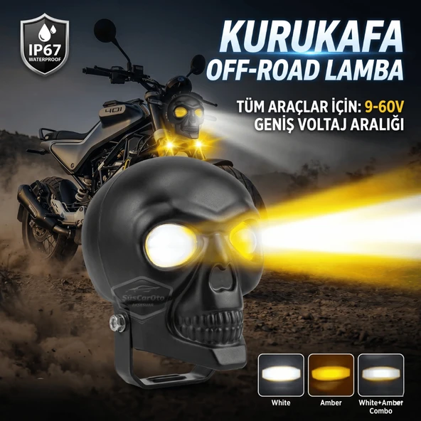 Universal Kurukafa Sis Farı Çakarlı Çift Renk Sarı-Beyaz 9-60V Kafatası Araç Motosiklet Off Road Led Lamba Delici Yayıcı Projektör 50W Metal Arazi Çalışma Lambası 1 Adet Siyah ürün görseli 1