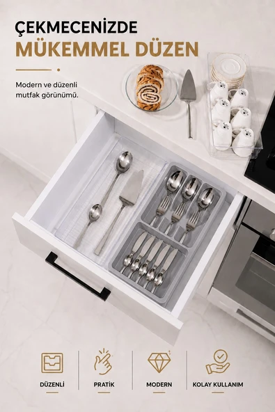 Çekmece İçi Kaşıklık Organizer Bölmeli Mutfak Düzenleyici Gri S-11030 ürün görseli 1