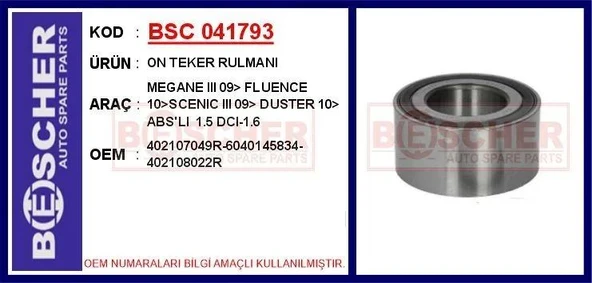 ON TEKER RULMANI MEGANE III 09> FLUENCE 10>SCENIC III 09> DUSTER 10> ABS'LI 1.5 DCI-1.6 ürün görseli 1