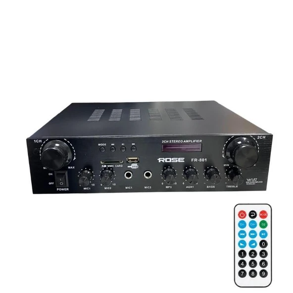 Rose FR-801 2x100 Watt 2 Zone Trafolu Stereo Anfi Mp3, Bluetooth, SD Kart 2 Mikrofon Girişli Kumandalı ürün görseli 1