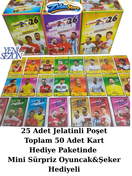 2026 World Cup Futbolcu Kartları 25 Jelatinli Paket 50 Kart Sürpriz Oyuncak ve Şeker Hediyeli ürün görseli 1