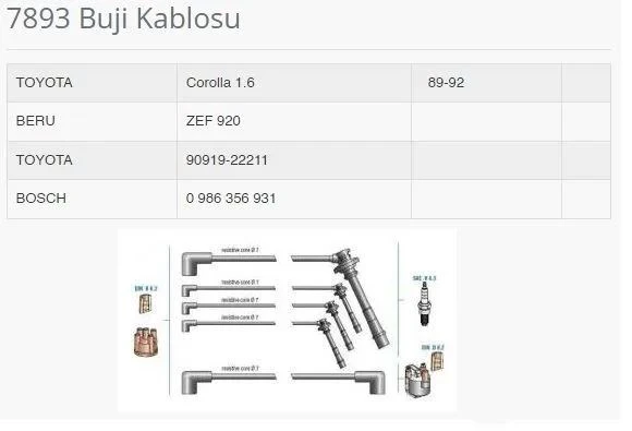 BUJI KABLOSU COROLLA 1.6 4 AF MOTOR AE 92 KASA DOHC 88>92 ürün görseli 1