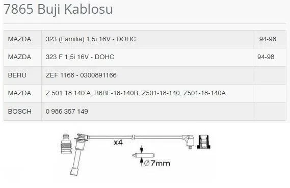 BUJI KABLOSU 7865 MAZDA 323 F 15 I 16V 94>98 ürün görseli 1